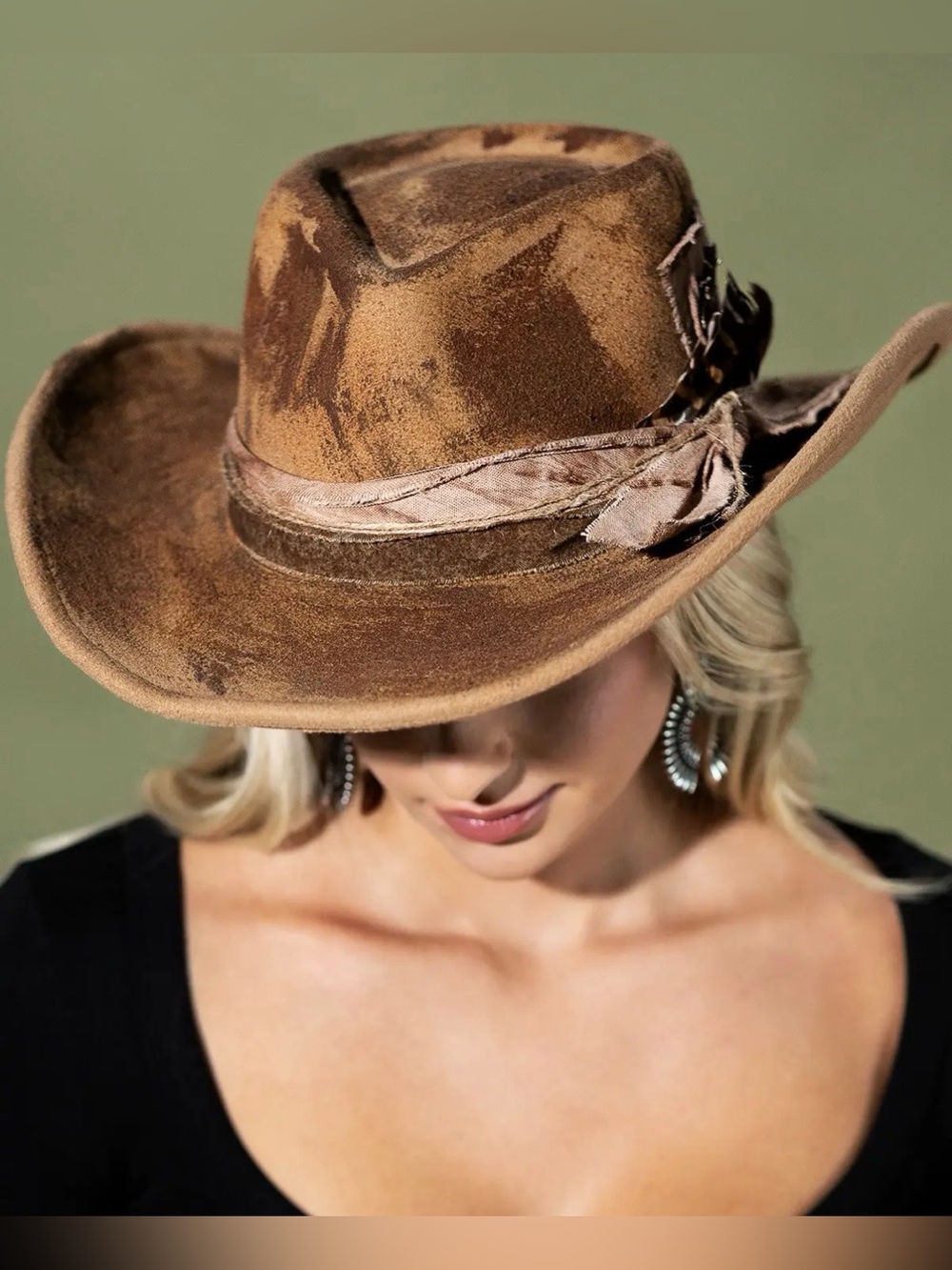Taupe and Brown Women's Felt Cowboy Fedora Hat with Ribbon Trim